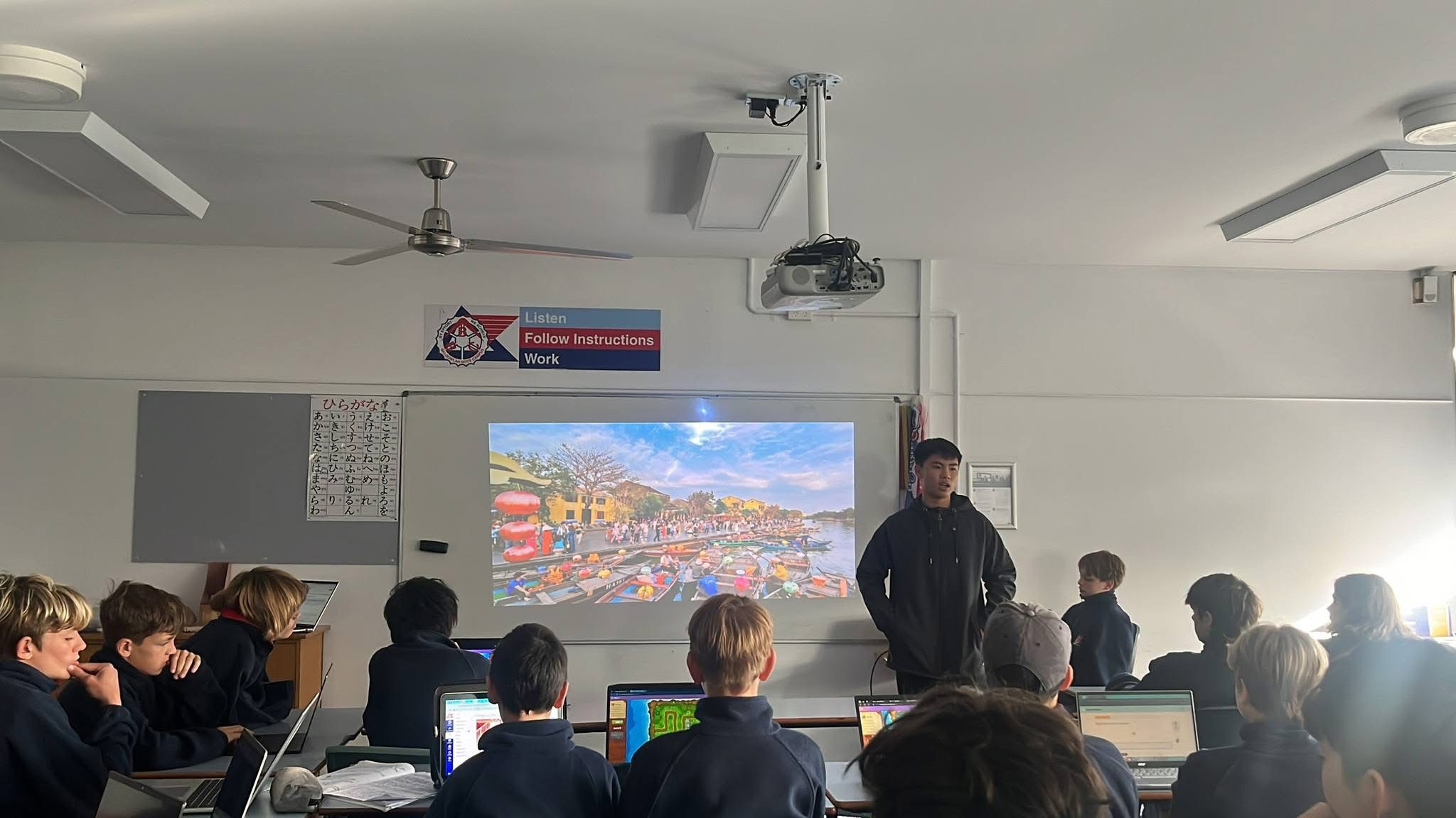 Student presenting a Hoi An travel photo during a classroom session